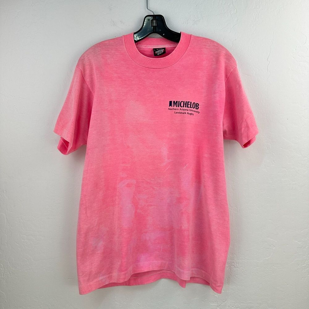 Vtg 90s Screen Stars Best Tshirt Men L Pink Michelob Northern Arizona Tens Rugby